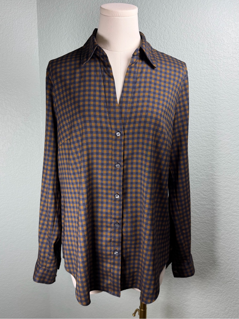 Ann Taylor Women's Long-Sleeve Checked Blouse in Navy and Burnt Orange